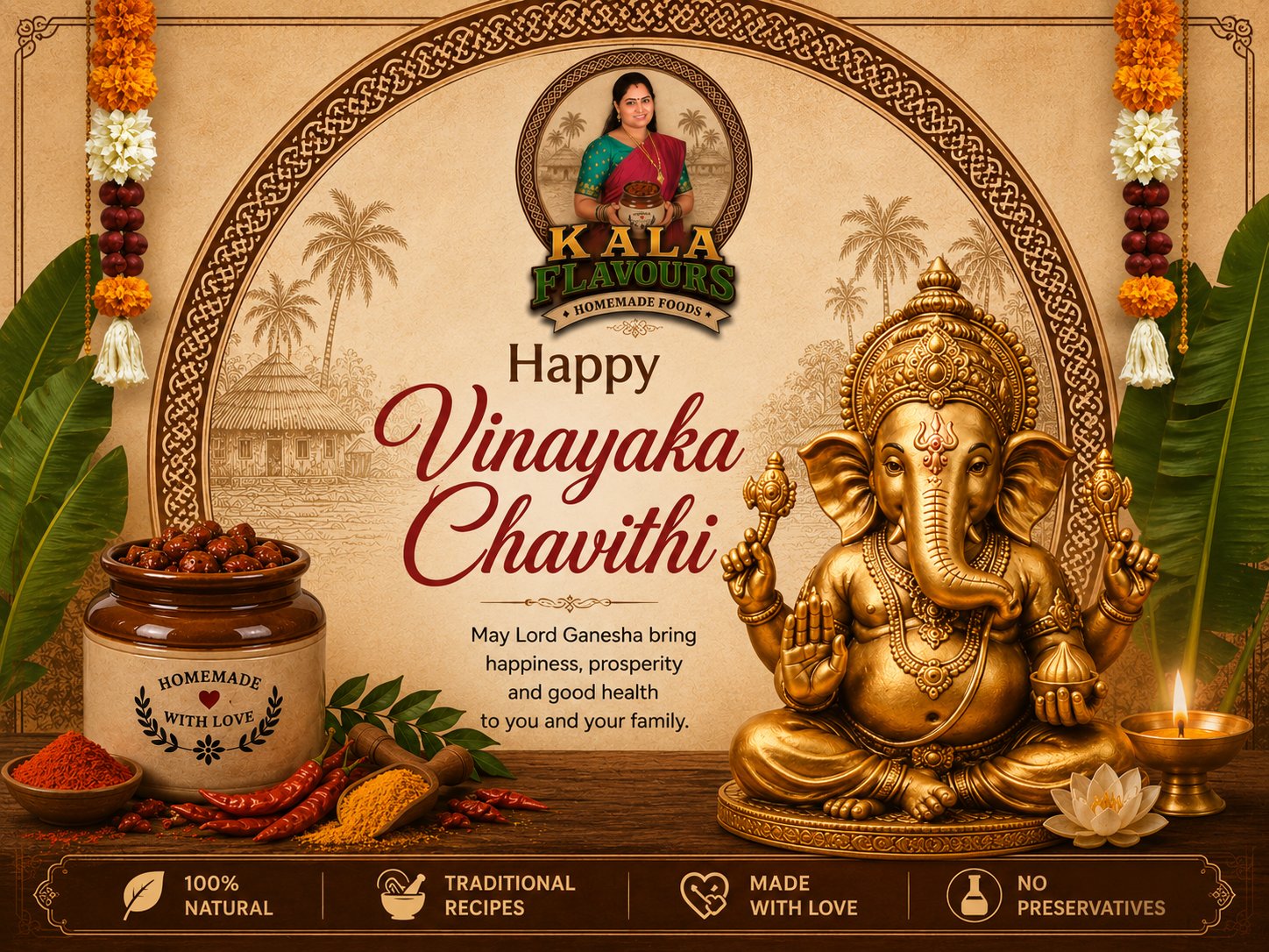 Happy Vinayaka Chavithi from Kala Flavours — may Lord Ganesha bring happiness, prosperity and good health to you and your family